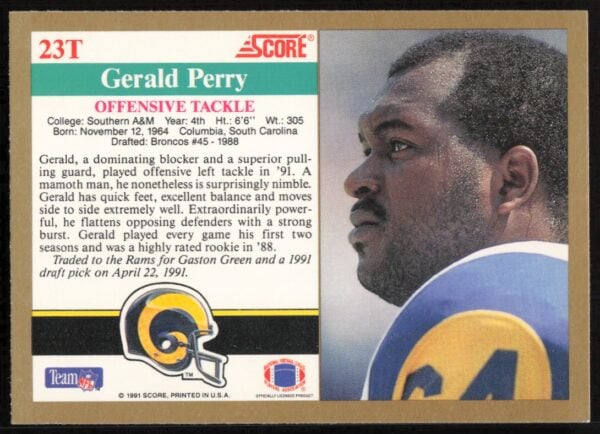 1991 Score Supplemental Gerald Perry #23T (Back)