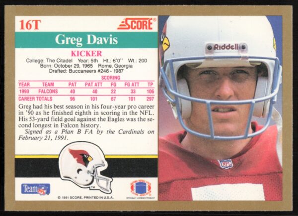 1991 Score Supplemental Greg Davis #16T (Back)