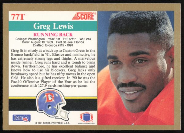 1991 Score Supplemental Greg Lewis #77T (Back)