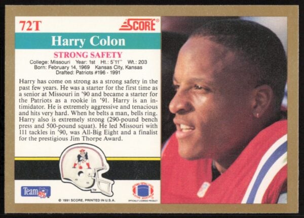 1991 Score Supplemental Harry Colon #72T (Back)