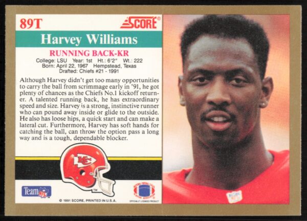 1991 Score Supplemental Harvey Williams #89T (Back)