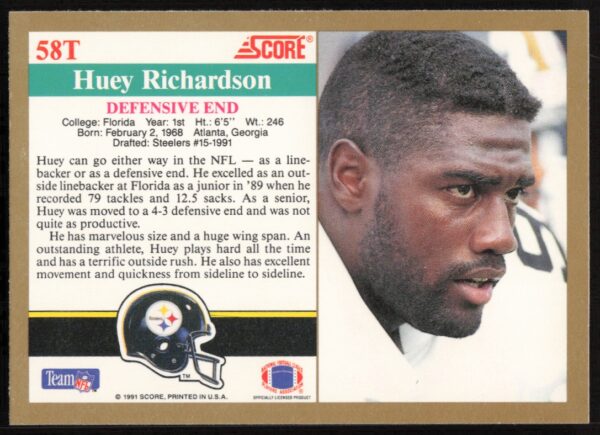 1991 Score Supplemental Huey Richardson #58T (Back)