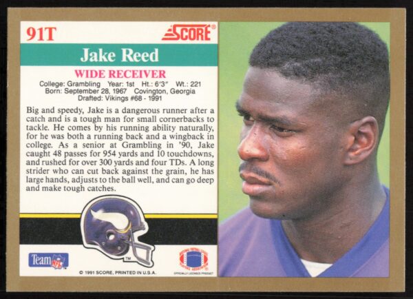 1991 Score Supplemental Jake Reed #91T (Back)