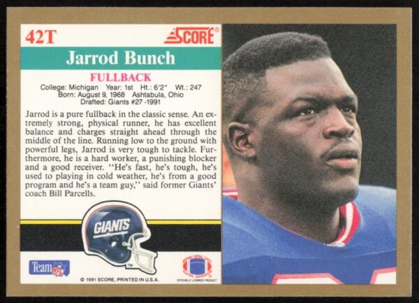 1991 Score Supplemental Jarrod Bunch #42T (Back)