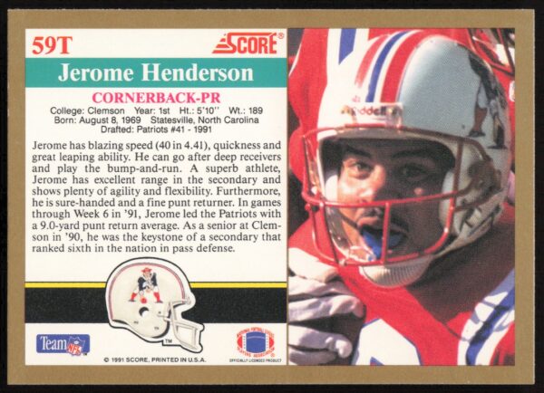 1991 Score Supplemental Jerome Henderson #59T (Back)