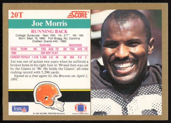 1991 Score Supplemental Joe Morris #20T (Back)