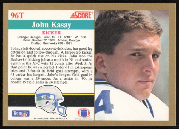 1991 Score Supplemental John Kasay #96T (Back)