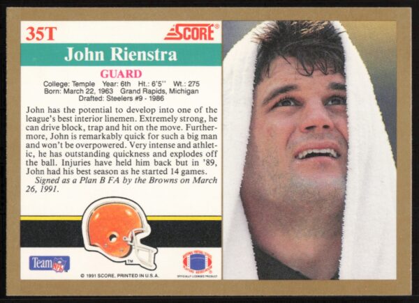 1991 Score Supplemental John Rienstra #35T (Back)