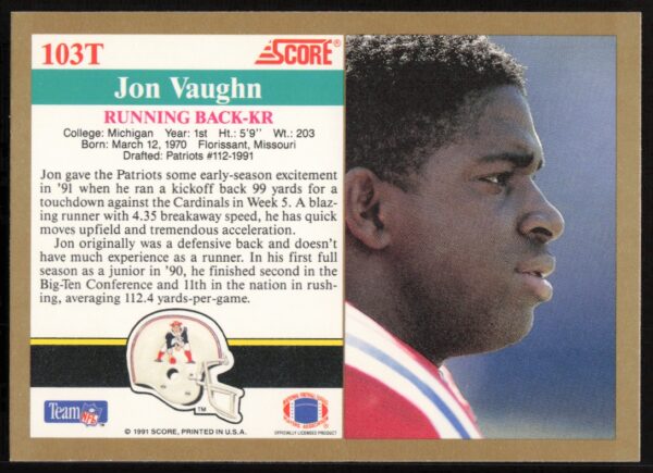 1991 Score Supplemental Jon Vaughn #103T (Back)