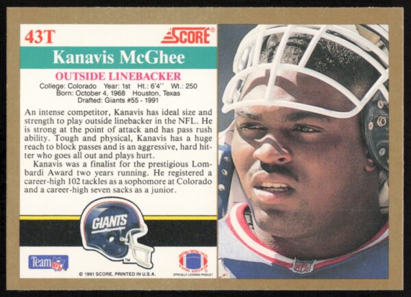 1991 Score Supplemental Kanavis McGhee #43T (Back)