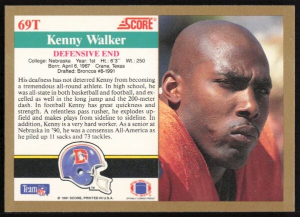 1991 Score Supplemental Kenny Walker #69T (Back)