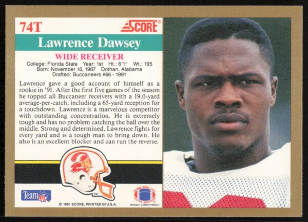 1991 Score Supplemental Lawrence Dawsey #74T (Back)