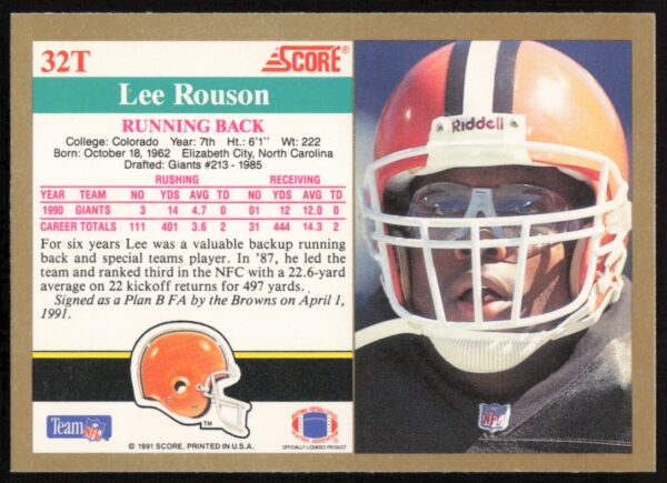 1991 Score Supplemental Lee Rouson #32T (Back)