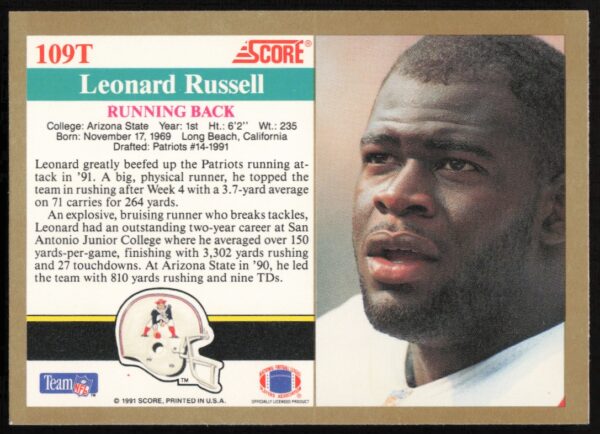 1991 Score Supplemental Leonard Russell #109T (Back)