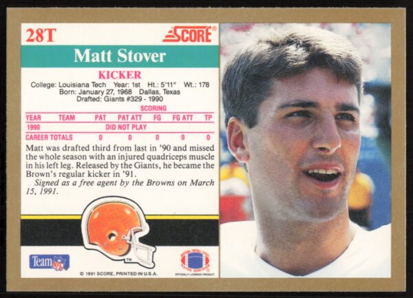 1991 Score Supplemental Matt Stover #28T (Back)