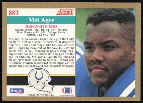 1991 Score Supplemental Mel Agee #88T (Back)