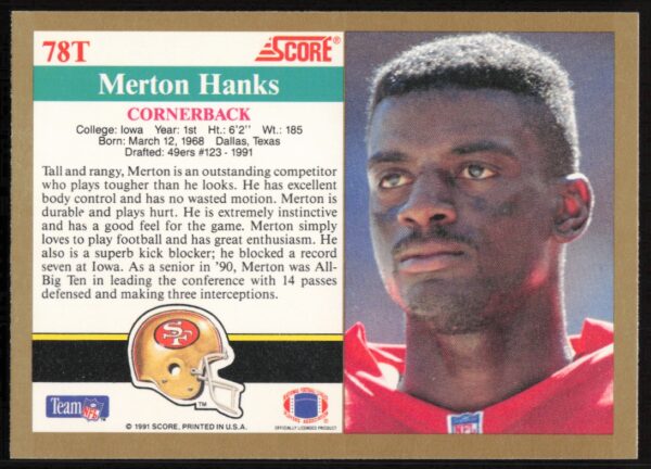 1991 Score Supplemental Merton Hanks #78T (Back)