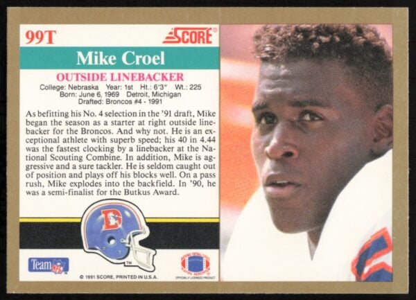 1991 Score Supplemental Mike Croel #99T (Back)