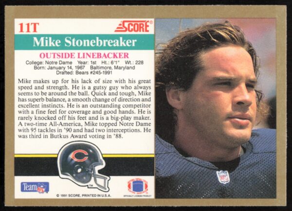 1991 Score Supplemental Mike Stonebreaker #11T (Back)