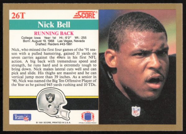 1991 Score Supplemental Nick Bell #26T (Back)