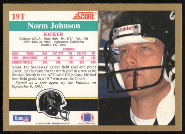 1991 Score Supplemental Norm Johnson #19T (Back)