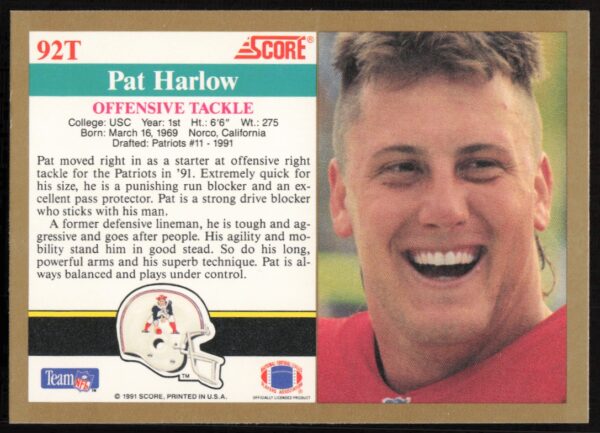 1991 Score Supplemental Pat Harlow #92T (Back)