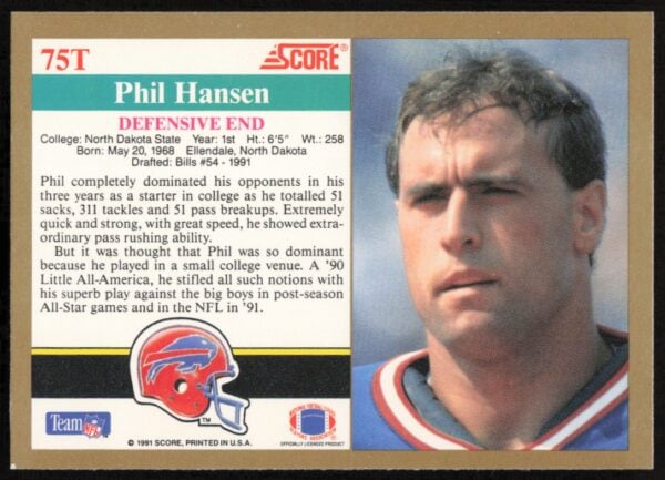 1991 Score Supplemental Phil Hansen #75T (Back)