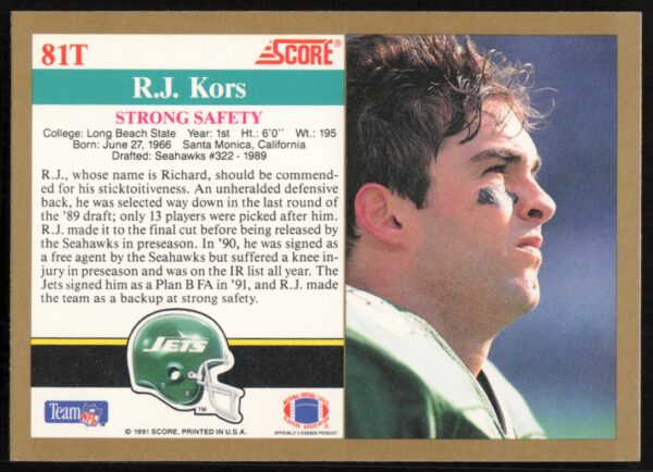 1991 Score Supplemental R.J. Kors #81T (Back)