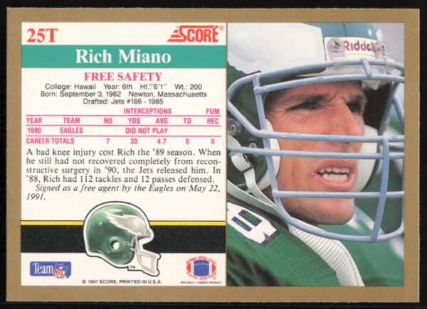 1991 Score Supplemental Rich Miano #25T (Back)