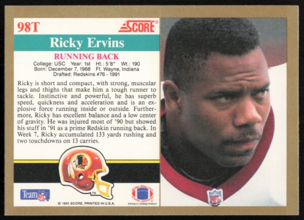 1991 Score Supplemental Ricky Ervins #98T (Back)