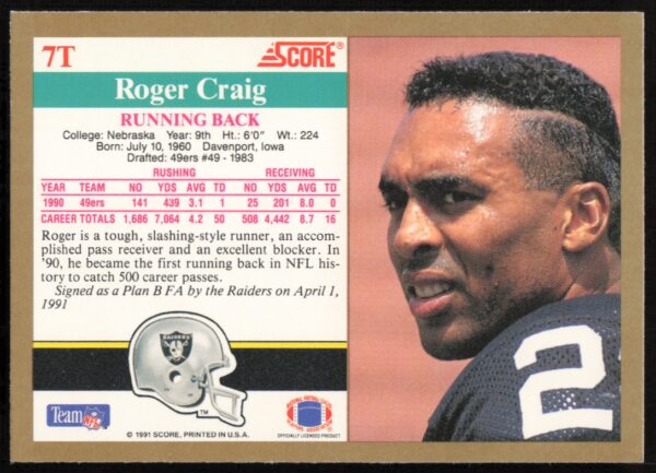 1991 Score Supplemental Roger Craig #7T (Back)