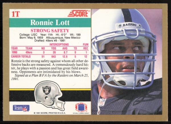 1991 Score Supplemental Ronnie Lott #1T (Back)