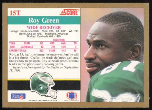 1991 Score Supplemental Roy Green #15T (Back)