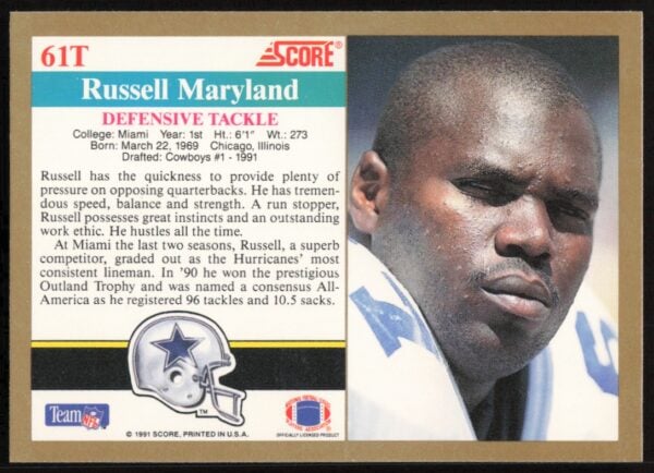 1991 Score Supplemental Russell Maryland #61T (Back)