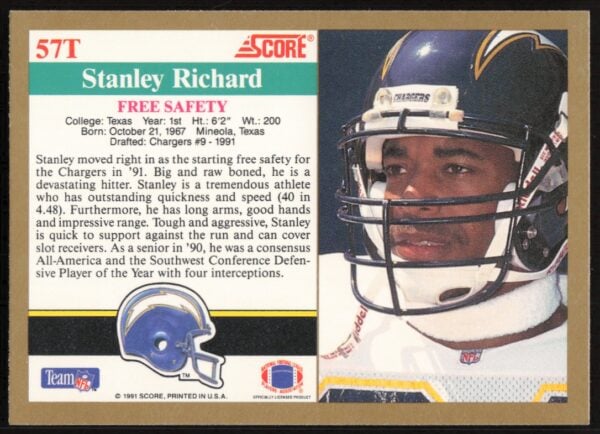 1991 Score Supplemental Stanley Richard #57T (Back)