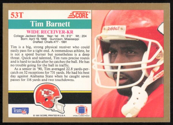 1991 Score Supplemental Tim Barnett #53T (Back)