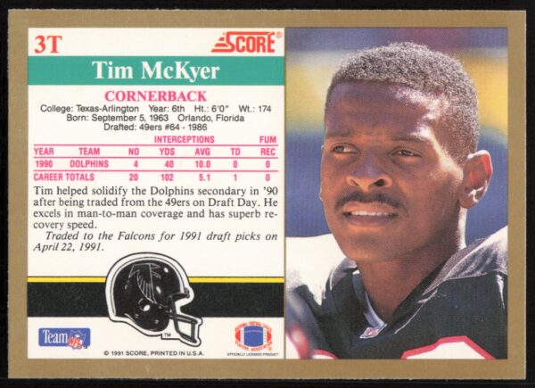 1991 Score Supplemental Tim McKyer #3T (Back)