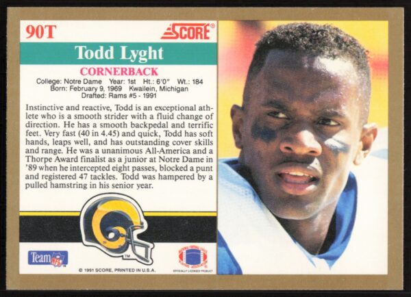 1991 Score Supplemental Todd Lyght #90T (Back)