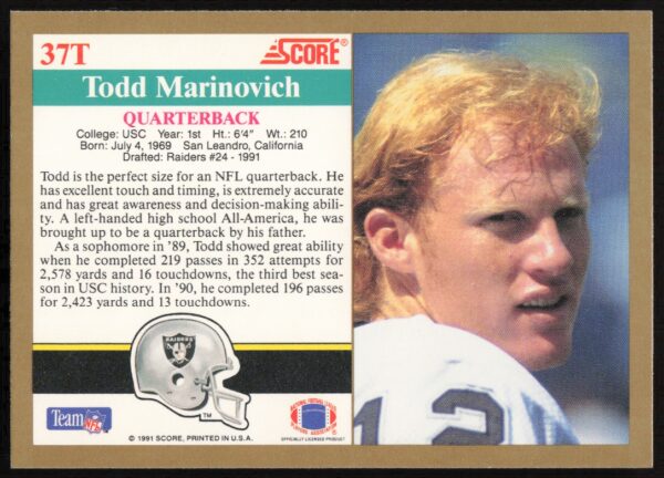 1991 Score Supplemental Todd Marinovich #37T (Back)