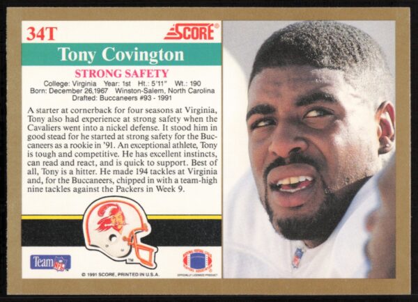 1991 Score Supplemental Tony Covington #34T (Back)