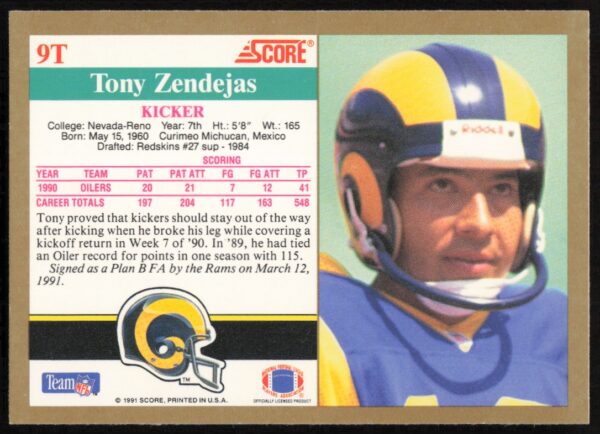 1991 Score Supplemental Tony Zendejas #9T (Back)