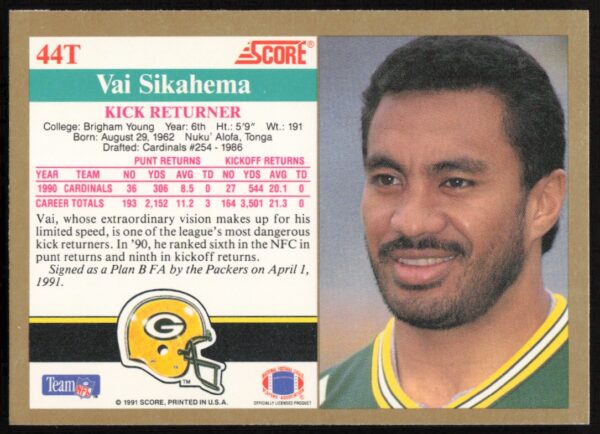 1991 Score Supplemental Vai Sikahema #44T (Back)