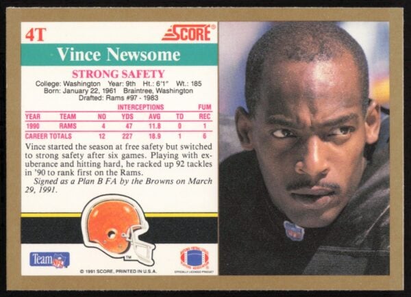 1991 Score Supplemental Vince Newsome #4T (Back)