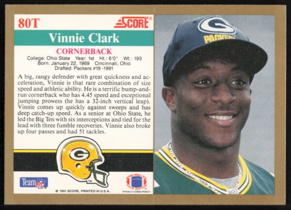 1991 Score Supplemental Vinnie Clark #80T (Back)