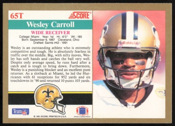 1991 Score Supplemental Wesley Carroll #65T (Back)