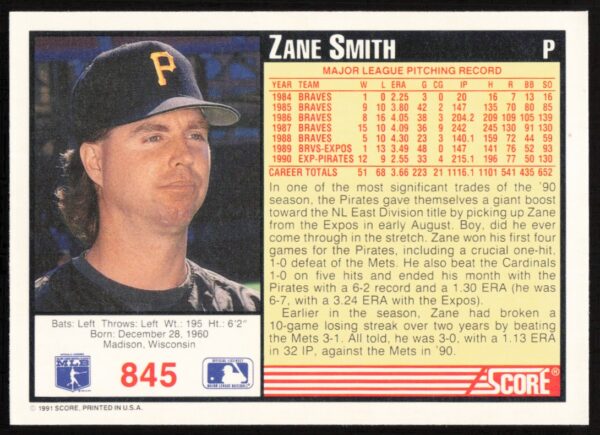 1991 Score Zane Smith #845 (Back)