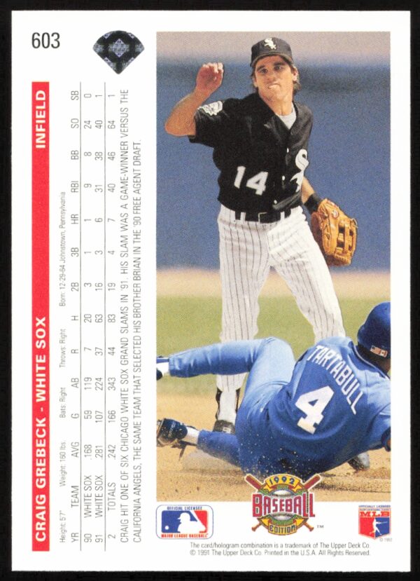 1992 Upper Deck Craig Grebeck #603 (Back)