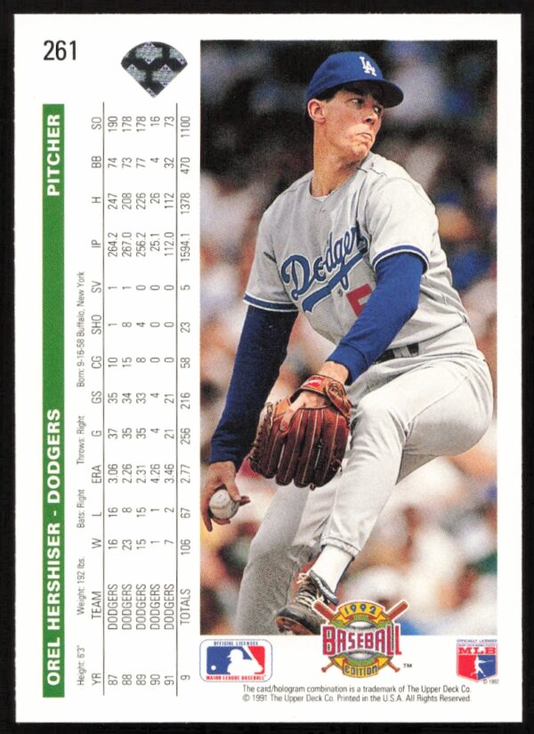 1992 Upper Deck Orel Hershiser #261 (Back)