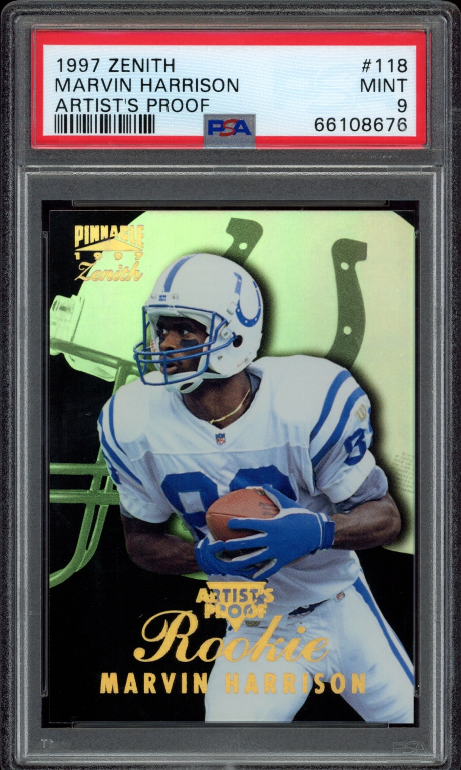 Graded PSA 9 1997 Pinnacle Zenith Artists Proof card featuring football player Marvin Harrison.