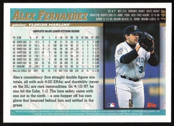 1998 Topps Alex Fernandez #149 (Back)